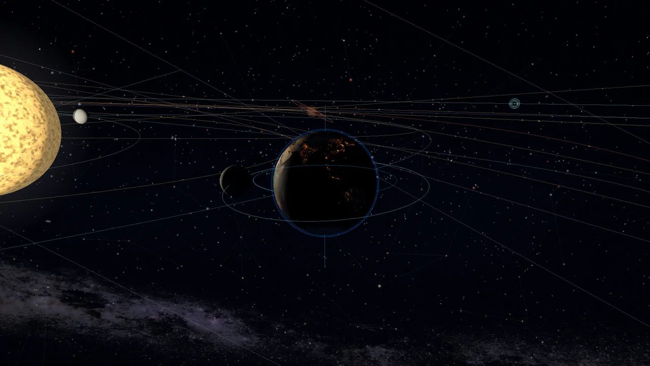 Universe Map affichant la Terre et ses lumières nocturnes, la Lune et les orbites du système solaire